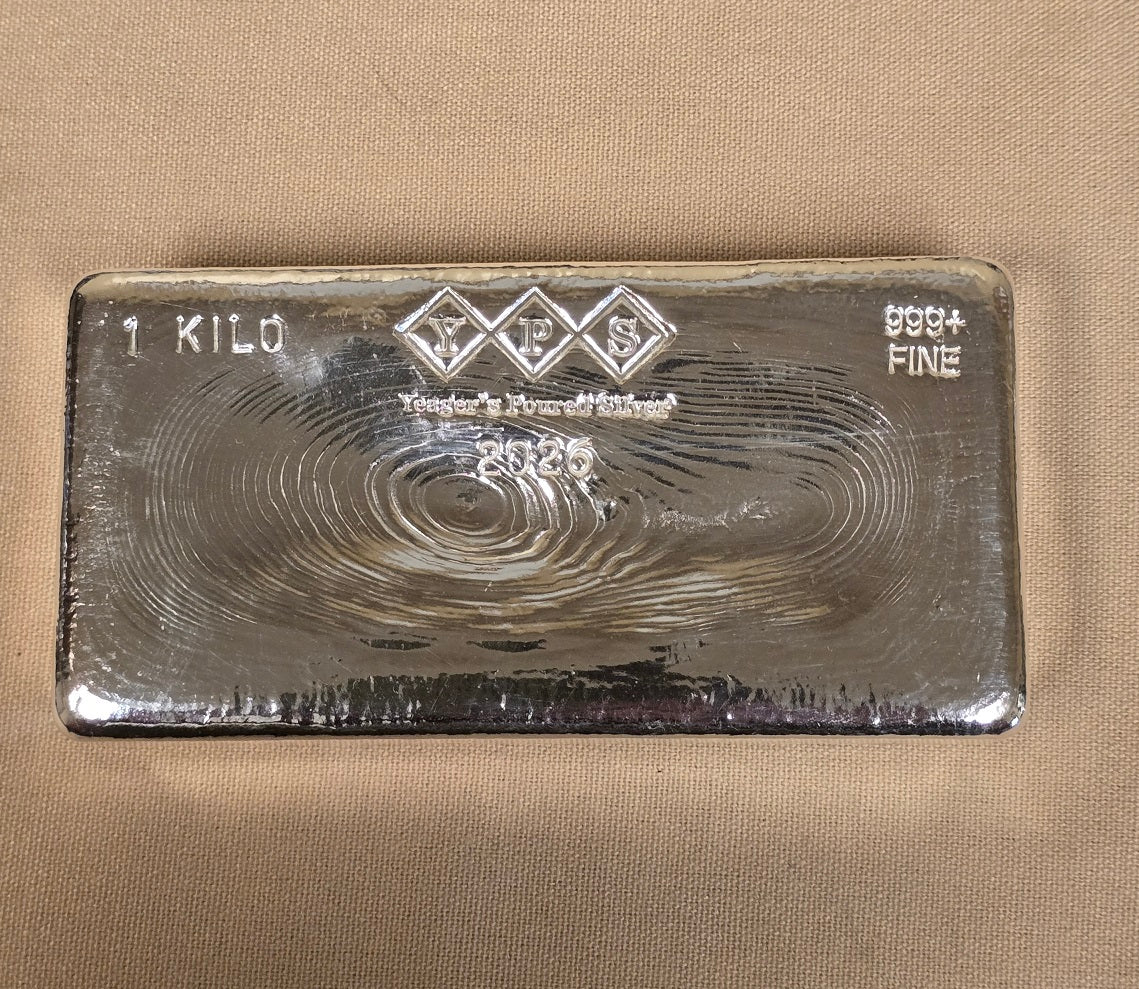 1 KILO Bar by Yeager's Poured Silver  yr 2026