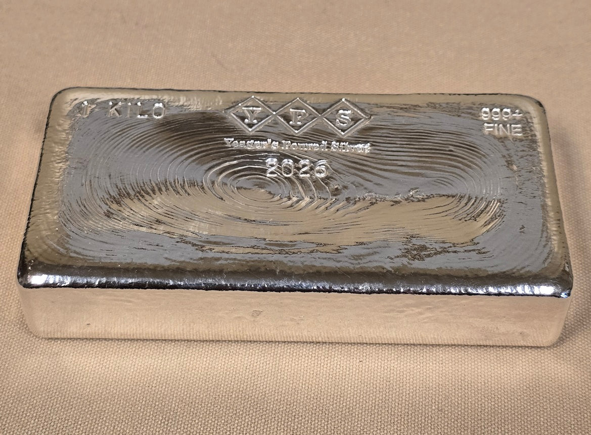 1 KILO Bar by Yeager's Poured Silver  yr 2026