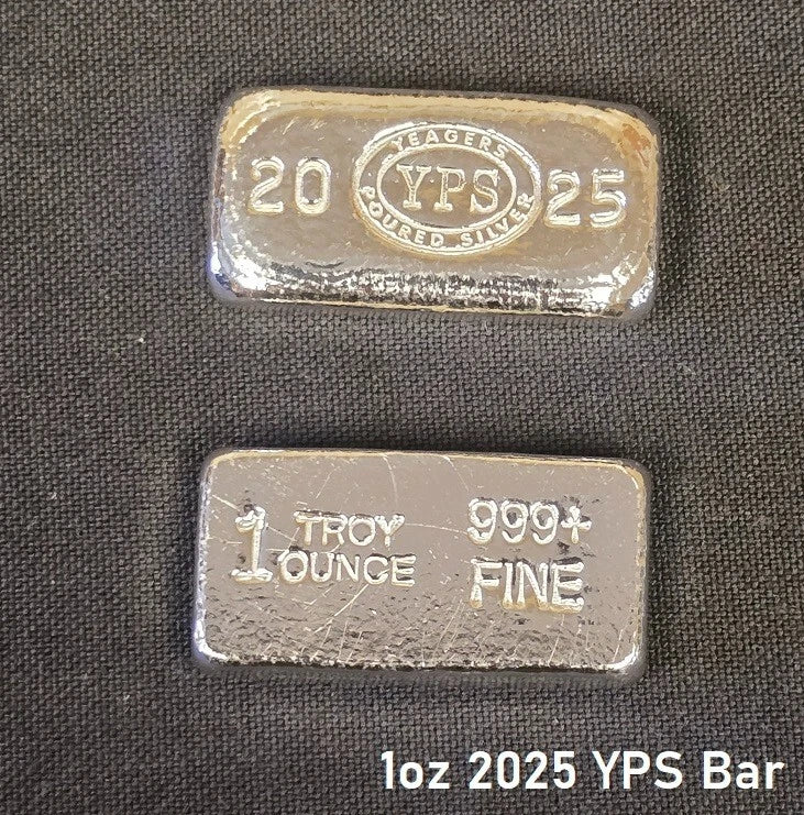 1 oz 2026 YPS Year Bar 999+ Fine Silver Bullion by Yeager's Poured Silver