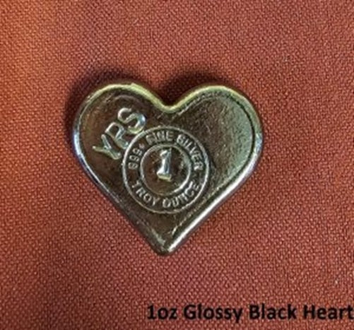 1 oz Black Heart 999+ Fine Silver Bullion Bar Yeager's Poured Silver - YPS