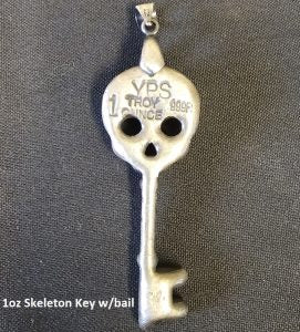 1 oz Antiqued Skeleton Key w/bail 999+ Fine Silver Bullion Bar Yeager's - YPS