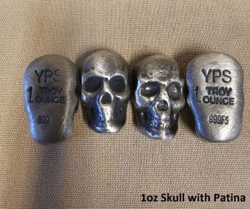 1 oz Antiqued Skull 999+ Fine Silver Bullion Bar Yeager's Poured Silver - YPS