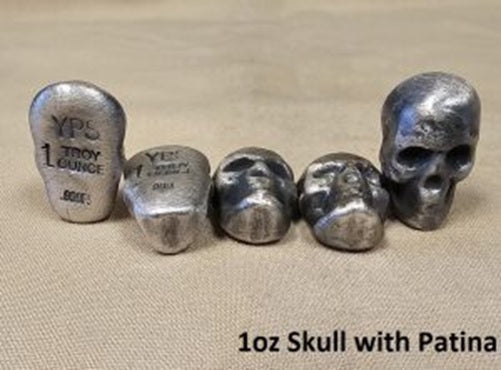 1 oz Antiqued Skull 999+ Fine Silver Bullion Bar Yeager's Poured Silver - YPS