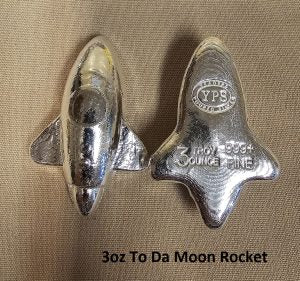 3 oz 999+ Fine Silver Round Yeager's Poured Silver - YPS - To Da Moon Rocket