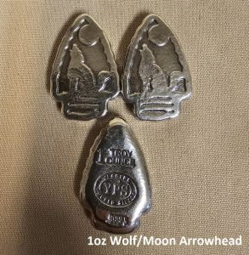 1 oz 999 Fine Silver Bar by - YPS - Yeager's Poured Silver - Wolf/Moon Arrowhead