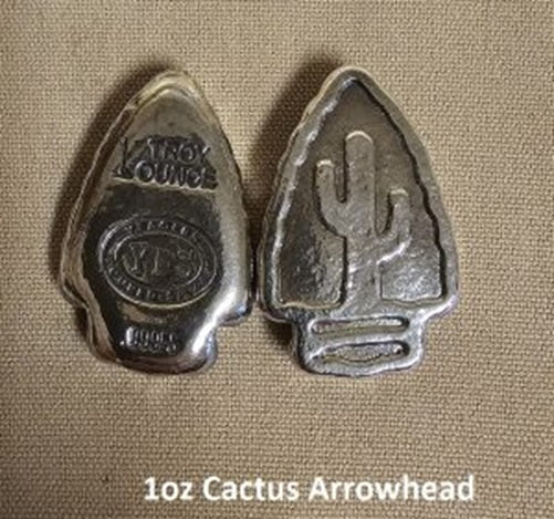 1 oz 999 Fine Silver Bar by - YPS - Yeager's Poured Silver - Cactus Arrowhead