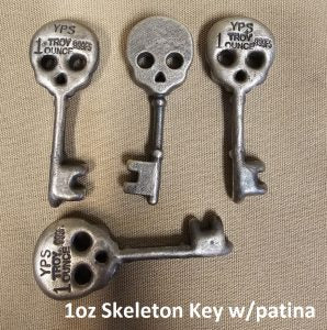 1 oz Hand Poured 999 Silver Bullion Bar "Skeleton Key" by YPS
