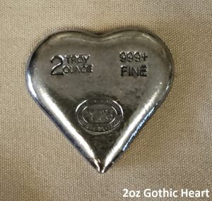 2 oz YPS "Gothic Heart" 999+ fine silver bullion bar "Yeager's Poured Silver"