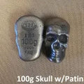 100g Antiqued Skull 999+ Fine Silver Bullion Bar Yeager's Poured Silver - YPS
