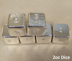 2 oz Hand Poured 999 Silver Bullion Bar "Dice" by YPS - Yeager's  (1 x 2oz Die)