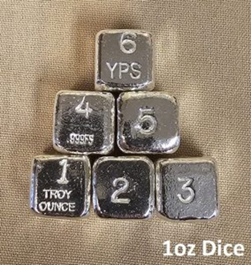 1 oz Hand Poured 999 Silver Bullion Bar "Dice" by YPS - Yeager's  (1 x 1oz die)