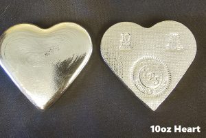 10 oz Heart 999+ Fine Silver Bullion Bar Yeager's Poured Silver - YPS
