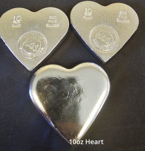 10 oz Heart 999+ Fine Silver Bullion Bar Yeager's Poured Silver - YPS