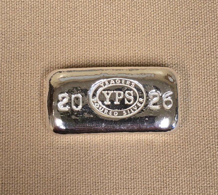 1 oz 2026 YPS Year Bar 999+ Fine Silver Bullion by Yeager's Poured Silver