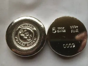 5 oz Button 999+ Fine Silver Bullion Round Yeager's Poured Silver - YPS