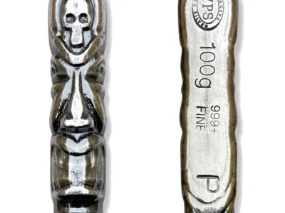 100g Skull Tiki 999+ Fine Silver Bullion Bar Yeager's Poured Silver - YPS
