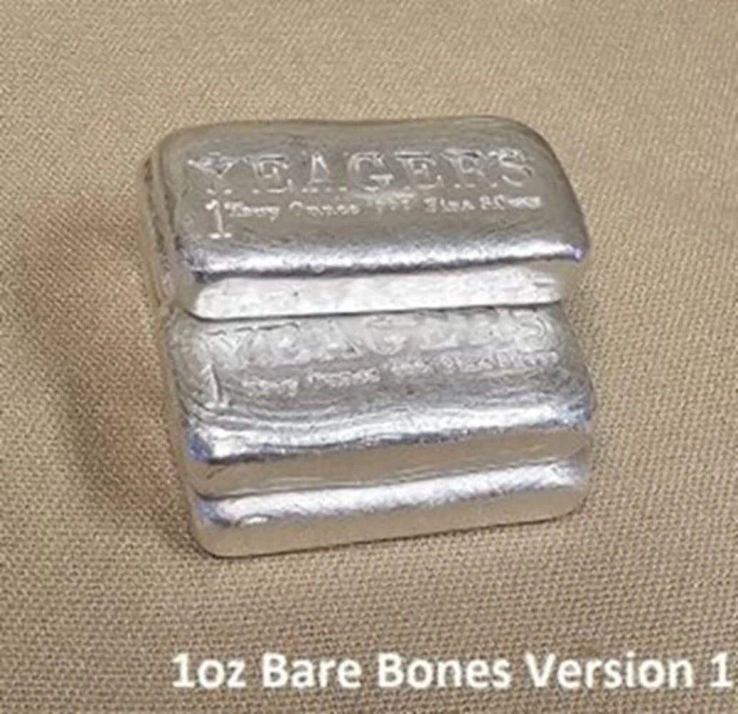 1 oz Bare Bones Bullion Bar 999+ Fine Silver Yeager's Poured Silver - YPS