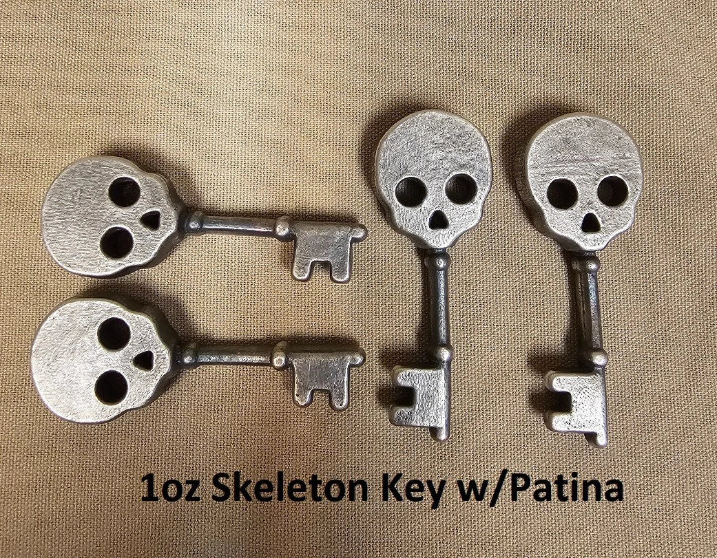 1 oz Antiqued Skeleton Key 999+ Fine Silver Bullion Bar Yeager's Poured - YPS