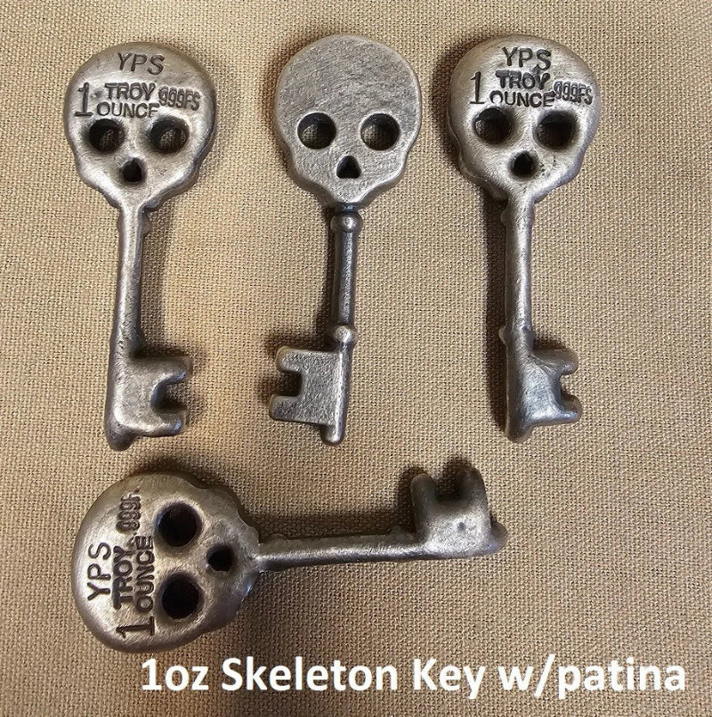 1 oz Antiqued Skeleton Key 999+ Fine Silver Bullion Bar Yeager's Poured - YPS
